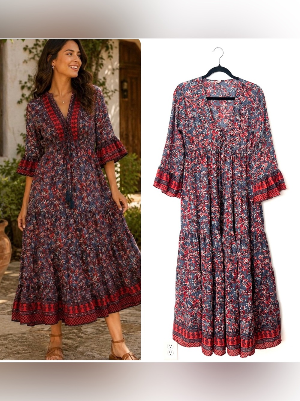 Anthropologie Boemo Floral Paisley Lace-Up Tiered Midi Dress